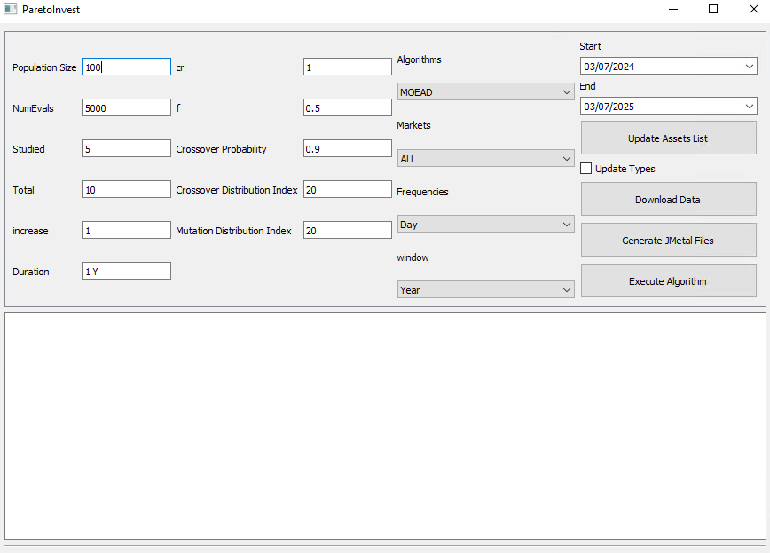 Interfaz principal de ParetoInvest para configurar datos financieros, algoritmos y parametros de optimizacion